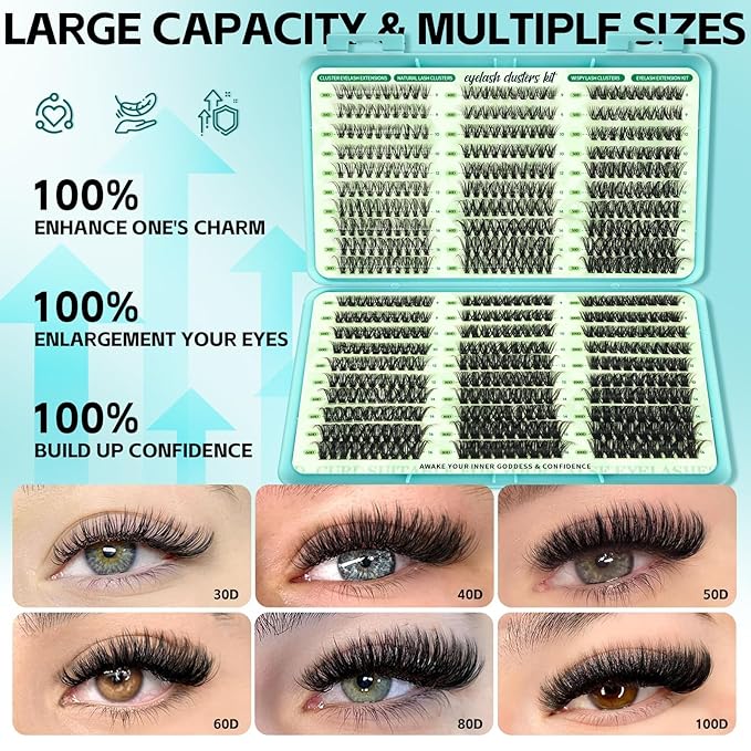 Wispy Lash Clusters Kit, D Curl Lashes Clusters Natural Look 9-16mm Individual Super Thin Band DIY Cluster Eyelash Extensions Kit with Bond Seal Tweezers Brush Remover (30DÃ¢ÂÂ100D Mix)