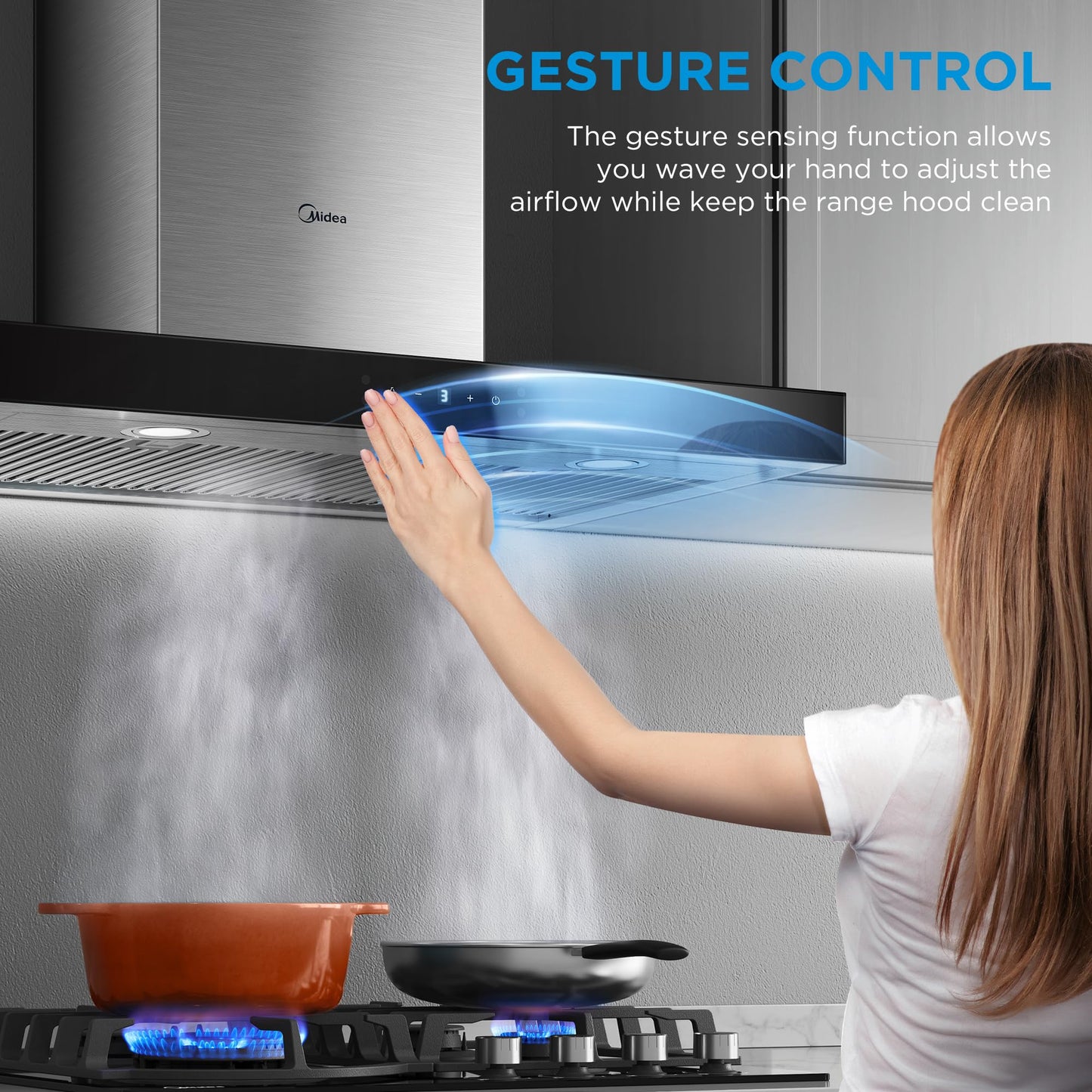 Midea MVT30W9AST Range 30 Inch 450CFM Vent T Shape Stove Hood with 5-Layer Aluminum Permanent Filters Kitchen Exhaust Fan, Ductless Convertible, 3 Speed, Stainless Steel