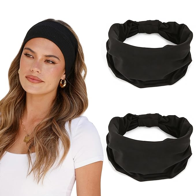 2 Pack Black Wide Headbands for Women - Thick Stretchy Non Slip Fabric Sweat Bands, Soft Hair Bands for Workout, Running, Spa, Makeup & Washing Face