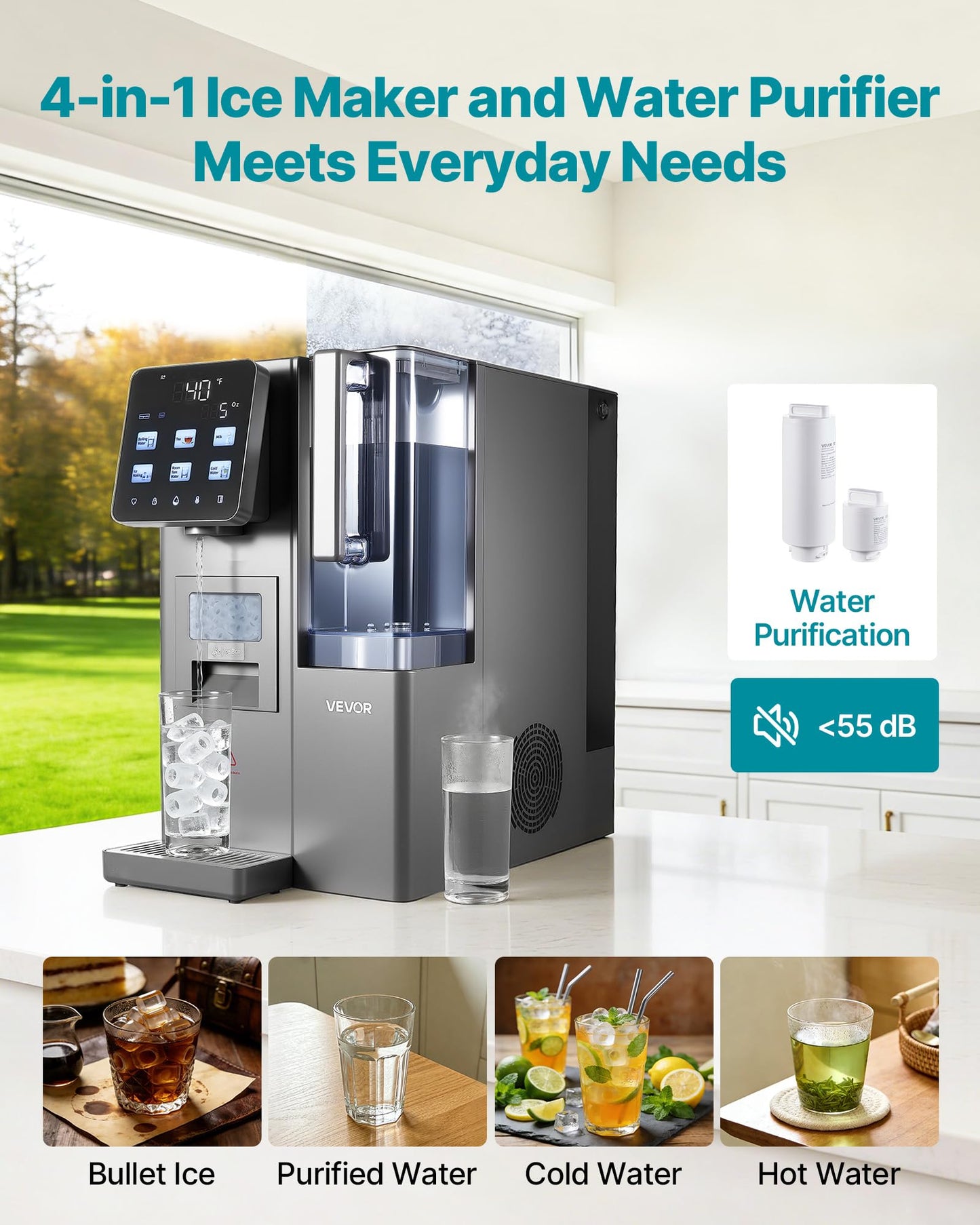 VEVOR Water Dispenser with Ice Maker, 3-in-1 Countertop Water Dispenser, 35 LBS/24H, 12 Cubes/7 Min Fast Ice Making with 4 LBS Storage, Bullet/Crushed ICES & Cold-Water (100 LBS/24H)