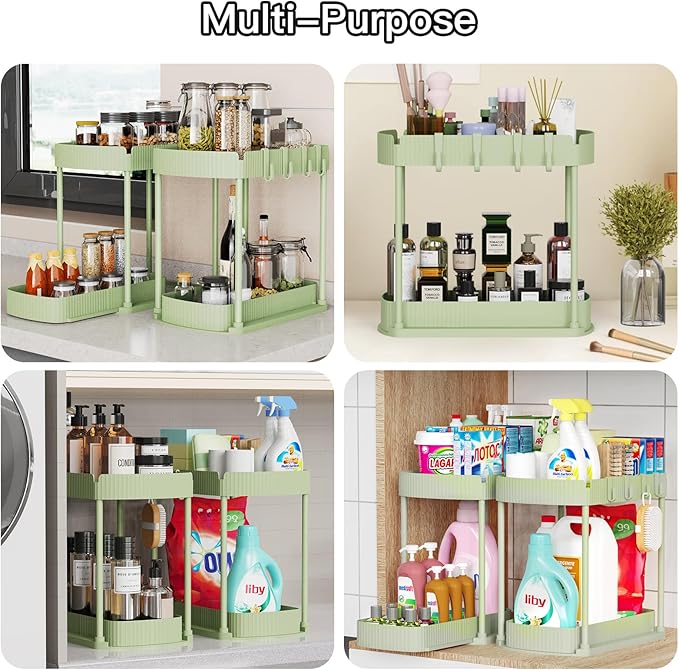 2 Pack Multi-Purpose Pull-Out Storage Organizers, Under Sink Organizers and Storage for Bathroom & Kitchen, Under Cabinet Organizers and storage, 12.8 Inch, Green