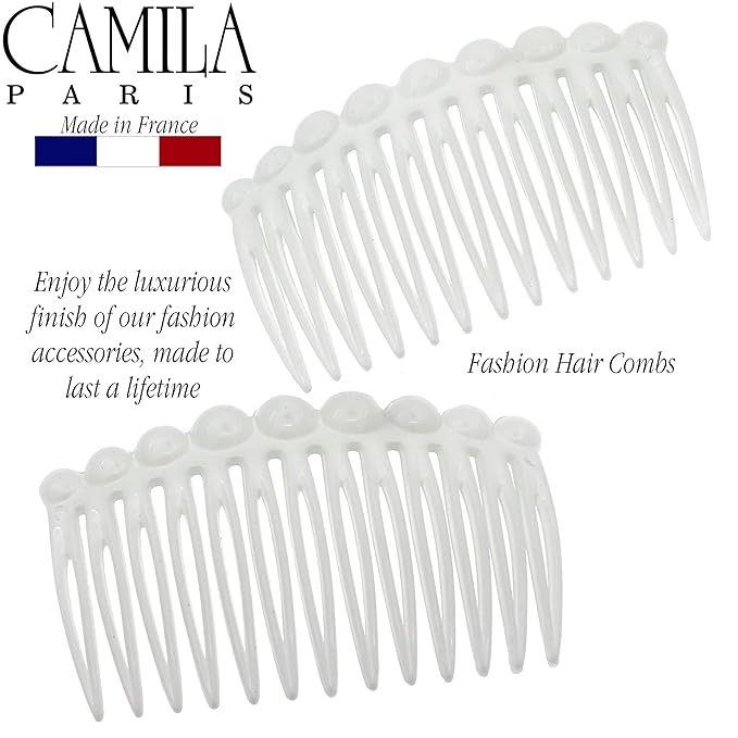 Camila Paris CP2900/2 French Hair Side Comb Small Rounded, White French Twist Hair Combs Decorative, Strong Hold Hair Clips for Women Bun Chignon Up-Do Styling Girls Hair Accessories, Made in France