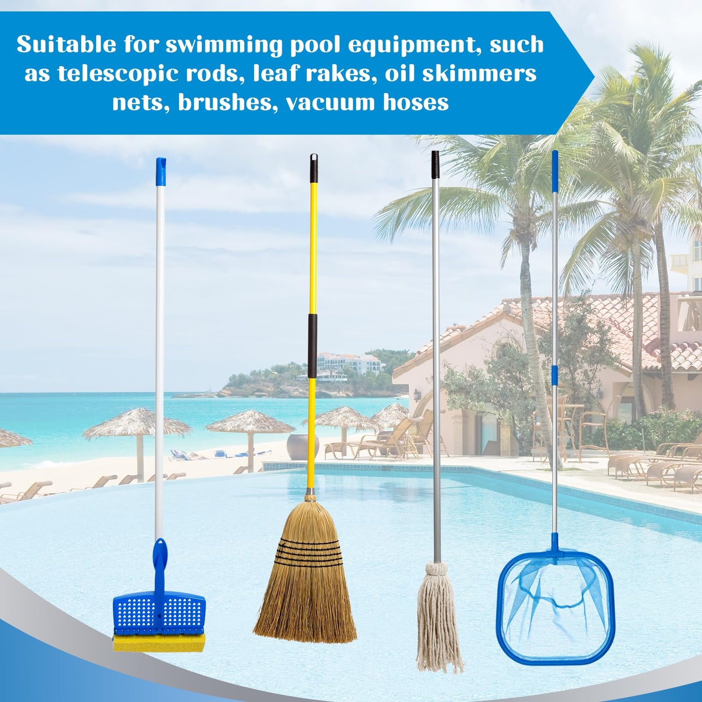 2Sets Blue Four Pool Pole Hooks Hangers, Adjustable Heavy Duty 4 Fence Hooks for Pool Poles Equipment, Pool Tool Holder for Telescopic Poles Skimmers Vacuum Hose Nets Brushes Swimming Pool Accessories