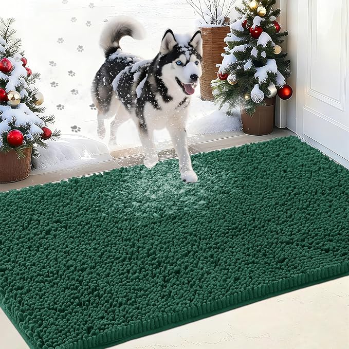 IM HOME Chenille Absorbent Outdoor Doormat 48" x 30", Washable Muddy Door Mats for Dog Non Slip Indoor Doormat Dog Mat for Muddy Paw Front Inside Doormats for Entryway Green