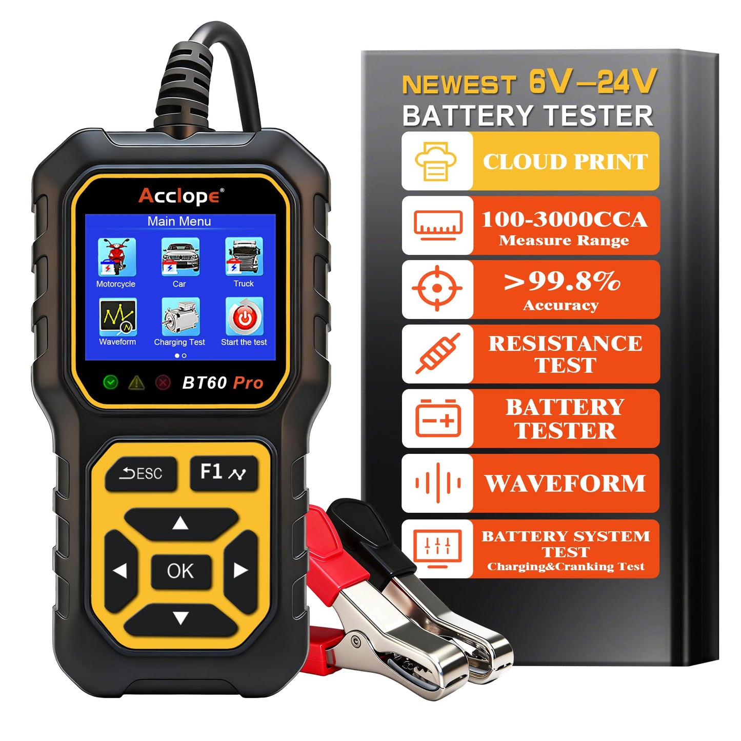 Acclope BT60 PRO Car Battery Tester 6V/12V/24V, 2–120Ah, 100–3000 CCA, AGM/Gel/Lithium, Alternator & Starter/Charging System Analyzer, QR Cloud Report (No App), Digital Analyzer