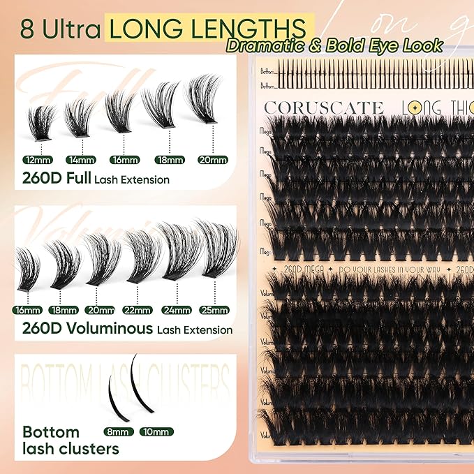 CORUSCATE 260D Lash Clusters with Bottom Lashes 8mm-25mm Mixed Lengths Mink Cluster Lashes Thick Individual Cluster Eyelash Extensions DIY Salon Look Dramatic Full Look Eyelash Clusters