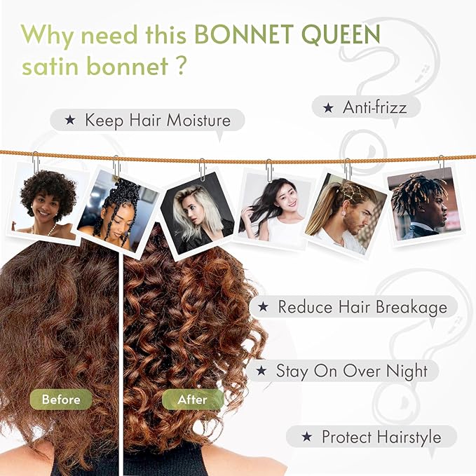 BONNET QUEEN Small Silk Bonnet for Sleeping Women Anti-Frizzy Satin Bonnet Night Sleep Cap Wrap for Curly Hair with Adjustable Tie Band, Double Layer, Black
