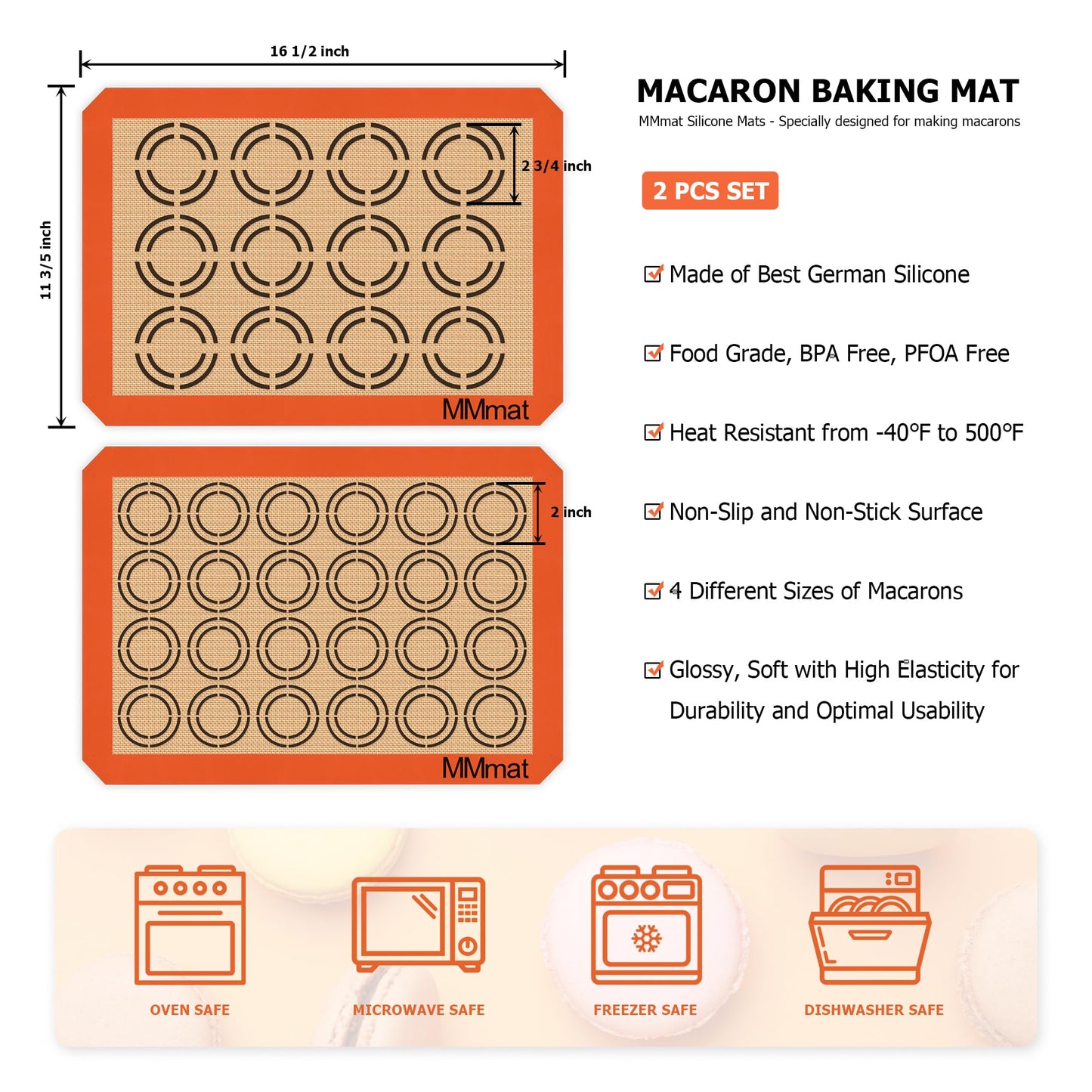 MMmat Silicone Baking Mats - Best German Silicone - Non Slip Silicone Baking Sheet, Non Stick Reusable Silicone Mats for Baking, Oven Liner, Counter Mat - 2 Half Sheets Cookie Baking Mats