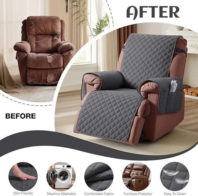 KinCam 100% Waterproof Recliner Chair Cover, Reclining Couch Covers for Pets, Dogs, Recliner Couch Slipcover Furniture Protector with Elastic Straps for Kids(25", Charcoal Gray)