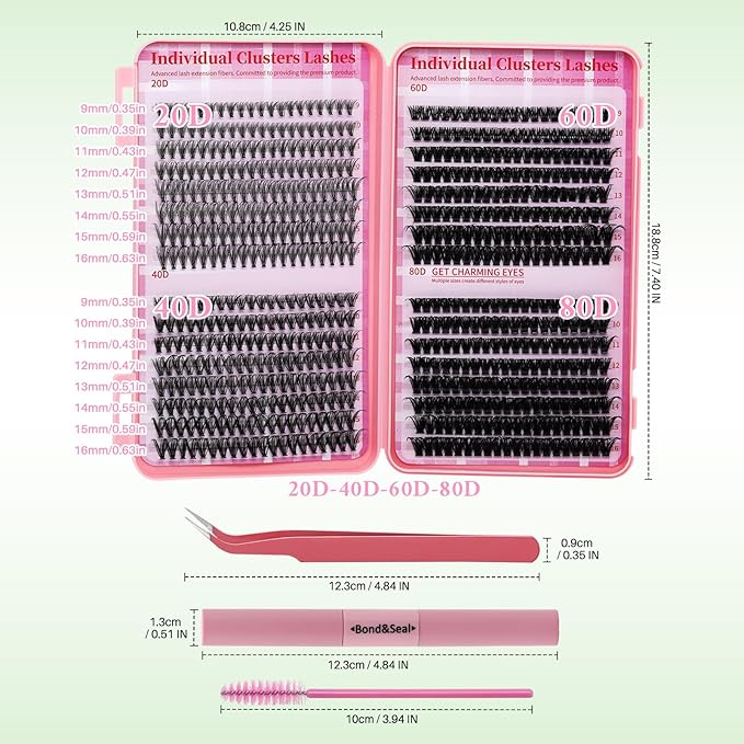 Lash Clusters Kit DIY Lash Extension Kit Cluster Lashes Mix 9-16mm Eyelash Extension Kit Individual Lashes with Lash Bond and Seal,Lash Tweezers,Mascara Brush(20D+40D+60D+80D Kit)