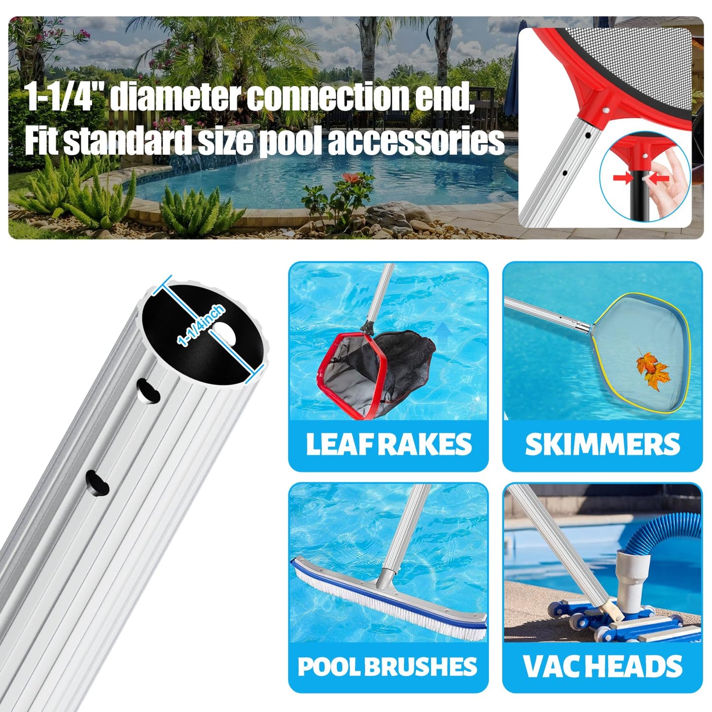 YEECHUN Professional 16.5 Foot Swimming Pool Pole Telescopic Heavy Duty Aluminum, Adjustable Length 6.5 to 16.5 Feet, Universal Pole for Skimmer Net Rake, Hooks, Vacuum Heads and Brushes
