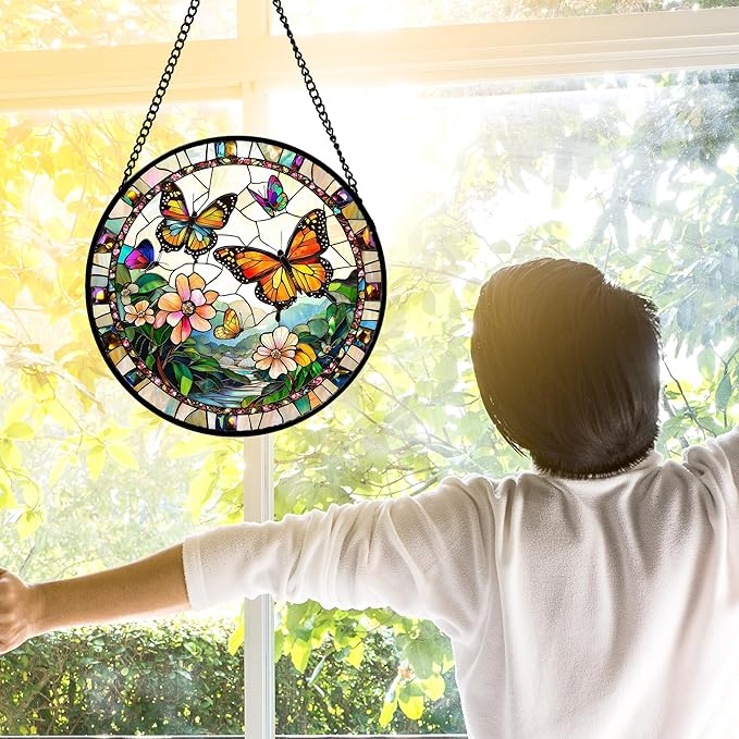 DASTOLL Stained Glass Window Hanging, Butterflies Flying in The Sky Suncatcher for Doors Home Sun Catchers Decoration and Christmas, Mother's Day Birthday Gifts for Women, Men, and Mom 11.8x11.8 in