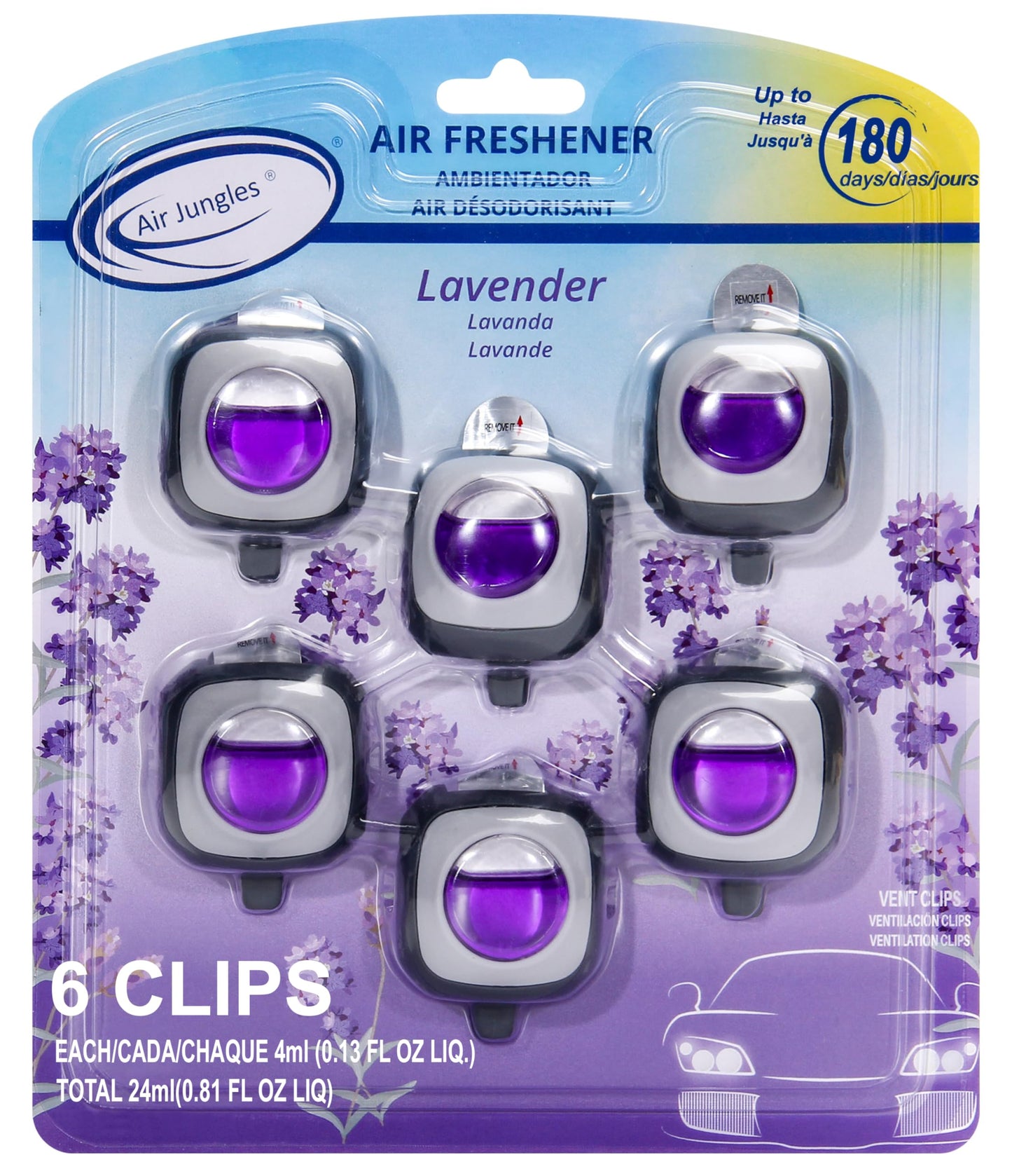 Air Jungles Lavender Scent Car Air Freshener Vent Clip, 6 Count Long Lasting Up to 180 days, Natural Essential Oil Car Fragrance for Women and Men, Odor Eliminator - 4ml Each