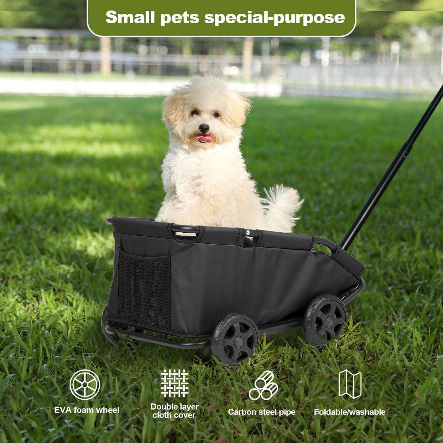 AESRAOU Mini Dog Strollers for Mini Pets, Foldable Multifunctional Shopping Carts with Extendable Pull Handle, Doggie Wagon Built-in Cushion and Safety Rope with Storage Bag (Black)