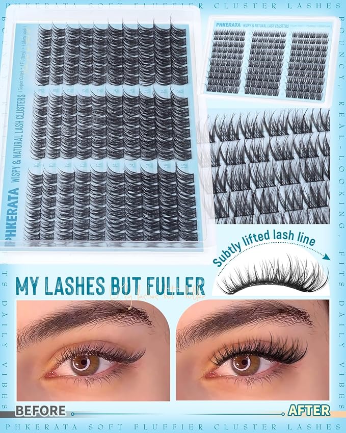 PHKERATA Natural Lash Clusters Kit 180Pcs Wispy Cluster Eyelash Extensions Kit, C Curly DIY Lash Extension Kit with Bond and Seal & Tweezers, Soft Individual Lashes for Everyday Look, 10-16mm