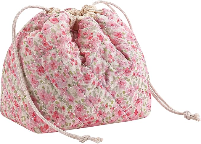 Cotton Quilted Drawstring Makeup Bag with Canvas Lining,Coquette Aesthetic Cute Travel Toiletry Bag,Drawstring Gift Bag for Women and Girls（18 Watercolor Pink Flower）
