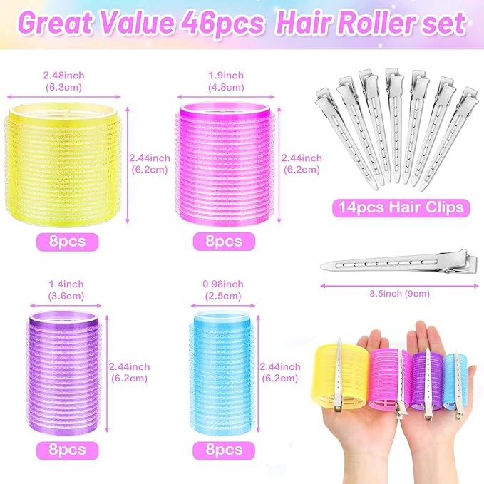 46pcs Hair Curlers Rollers, Cludoo Jumbo Big Hair Roller Sets with Stainless Steel Duckbill Clip, 4 Size Self Grip Hair Curlers Rollers for Long Medium Short Thick Fine Thin Hair Bangs Volume