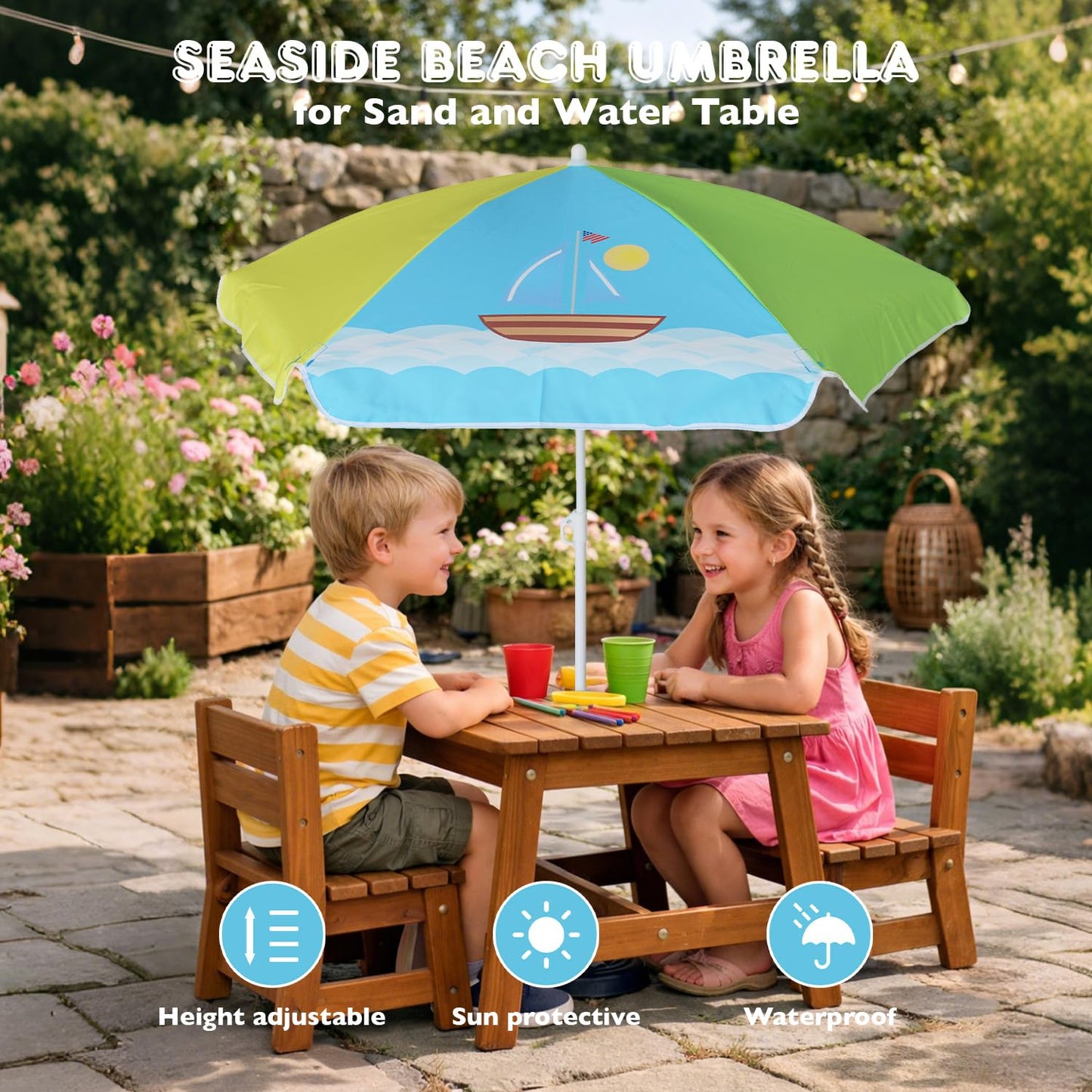 AMMSUN 5ft Seaside Umbrella for Sand Box Water Table - Kids Durable Umbrellas for children Picnic Beach Camping Garden Outdoor Play Shade (5ft Green Yellow Boat)