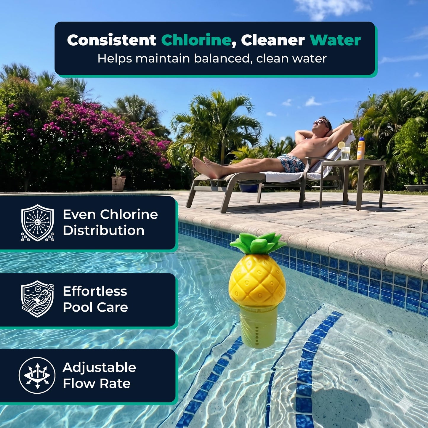 Game Solar Light-Up Floating Pool Chlorine Dispenser – Pineapple Design, Adjustable Control Ring, Holds Up to 3 x 3” Chlorine Tablets, for Above-Ground & In-Ground Pools