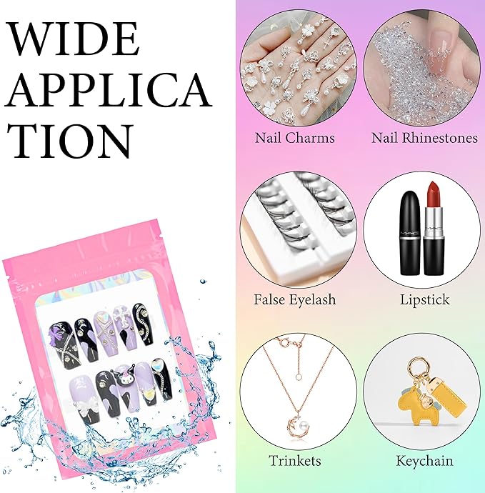 Qenk 100PCS Empty Holographic Nail Storage Bag Press on Nail Packaging Bag and 100PCS Shiny white cardboard Nail Tips Packaging Bags with 1 Roll Transparent Tape (Pink)