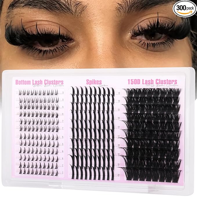 Wispy Lash Clusters with Spikes Volume Eyelash Clusters with 2 Bottom Lashes 150D D Curly Lashes Clusters 300PCS Mink Cluster Eyelash Extensions Spiky Individual Lashes with Bottom Lash Clusters