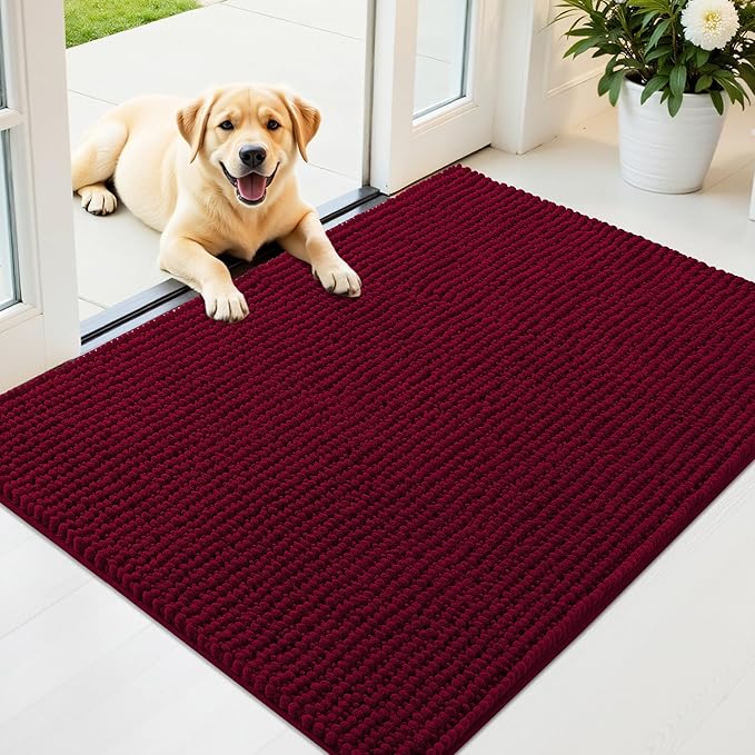 OLANLY Dog Door Mat for Muddy Paws 40x32, Ultra Absorbent Chenille Mud Doormat, Non-Slip Washable and Dirt Trapping Doormat for Indoor Entryway, Quick-Dry Indoor Pet Bed Mats for Dogs, Burgundy