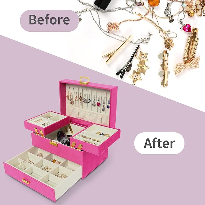 Dajasan Jewelry Organizer Box, Large Jewelry Boxes for Women Girls, Space-Saving 3 Layers Jewelry Storage Case with Drawer, Gift Idea for Christmas, Valentine's Day, Birthday, Mother's Day (Red)