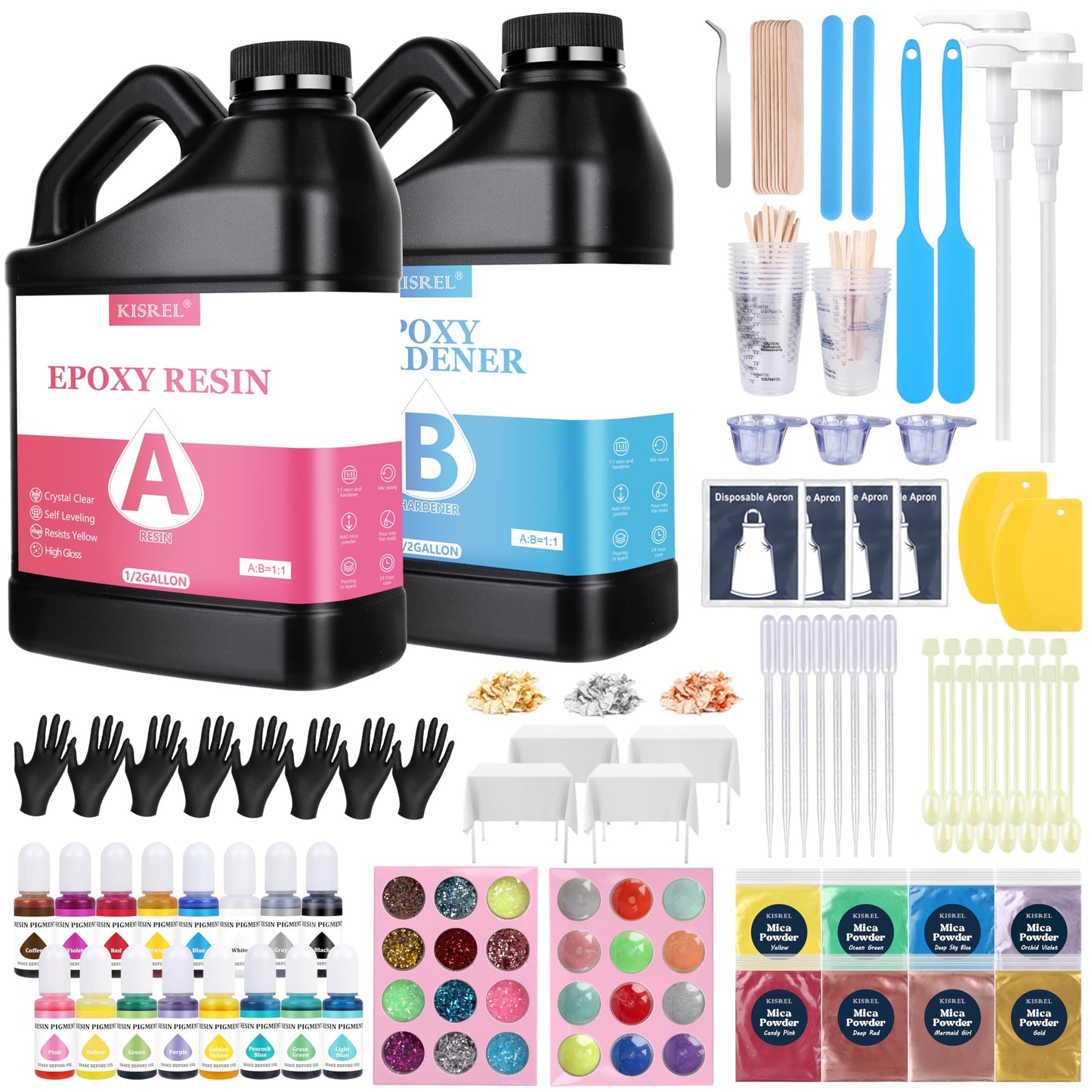 KISREL Epoxy Resin 1 Gallon - Clear Epoxy Resin Kit with 16 Pigments and 8 Colors of Mica Powders - No Yellowing No Bubble Casting Resina for Art Crafts, Jewelry Making & Resina Molds(1/2 Gallon x 2)