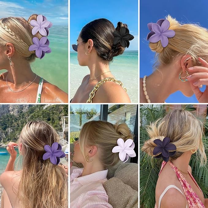 Flower Hair Clips for Women 6 Pcs Hawaiian Large Claw Clips Plumeria Medium Hair Claw Clips for Thick Thin Hair Hibiscus Tropical Beach Hair Accessories for Women Girls and Girls (Purple)
