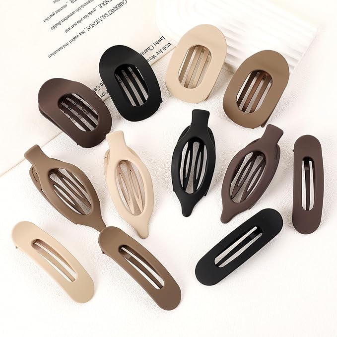 12 Pack Flat Hair Clips for Women-3 Styles Matte Neutral Flat Claw Clips, Black, Blonde,Light Brown & Dark Brown, French Duckbill Styling Accessories (Matte Neutral-4)