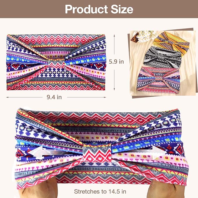 Awumbuk Wide Headbands for Women Knotted No Slip Head Bands Soft Turban Headband Hair Accessories Boho African Solid Color Head Wraps for Women Yoga Workout Pack of 6 (Retro)
