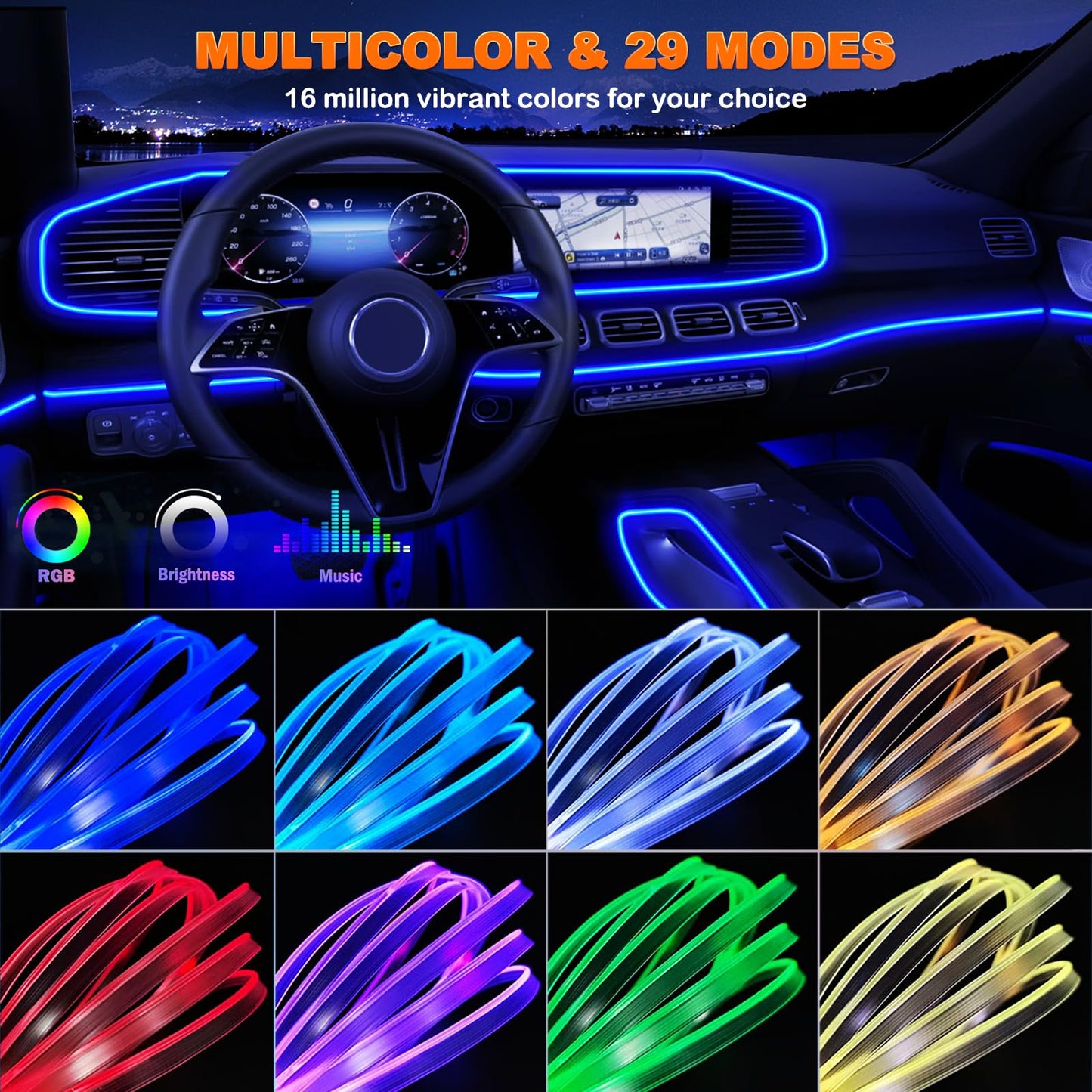 Jushope Interior Car LED Strip Lights with Wireless APP and Remote Control, RGB 5 in 1 Ambient Lighting Kits with 236 inches Fiber Optic, 16 Million Colors Car Neon Lights, Sync to Music