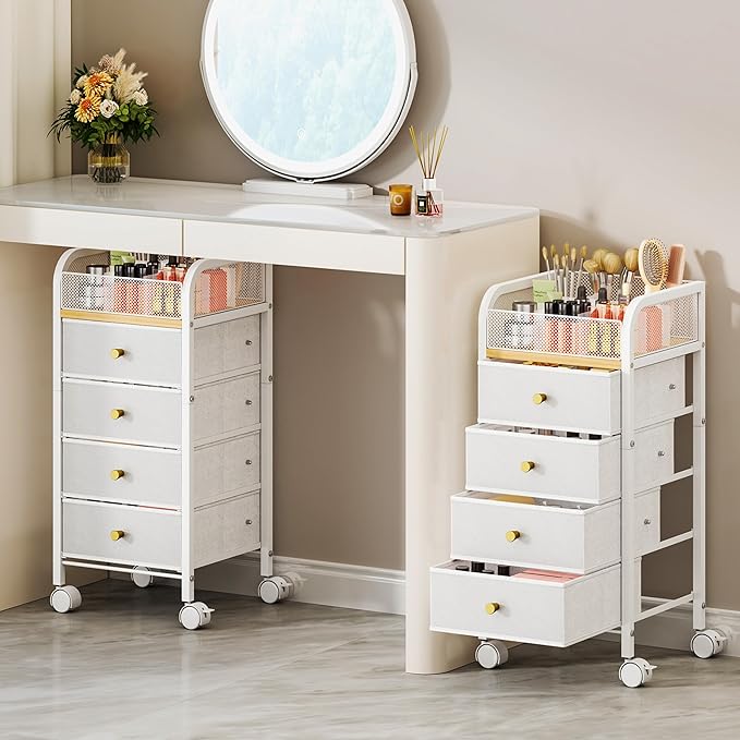 SWTYMIKI Rolling Makeup Organizer Cart - Under Desk Vanity Makeup Storage with 4 Non-woven Drawers, Nail Cart Organizer Cosmetic Display Cases Cabinet for Skin Care Perfume Nail Polish Brush Hair Tool