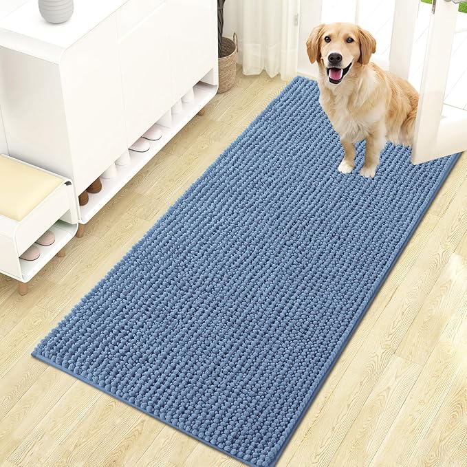OLANLY Dog Door Mat for Muddy Paws 47x24, Ultra Absorbent Chenille Mud Doormat, Non-Slip Washable and Dirt Trapping Doormat for Indoor Entryway, Quick-Dry Indoor Pet Bed Mats for Dogs, Airy Blue