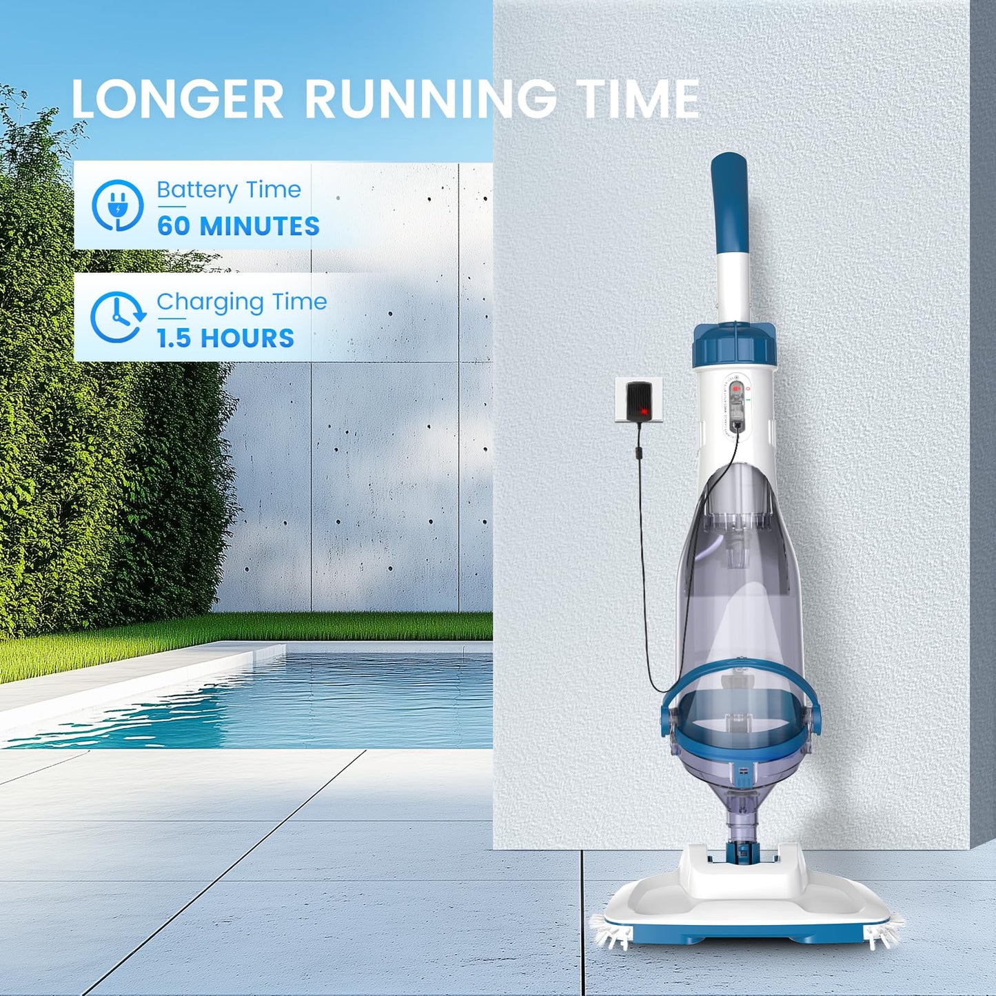ENHULK Pool Vacuum for Above Ground Pool, Upgraded 13.4" Wide Head & Telescopic Pole, 18.5 GPM Suction, 60 Min Runtime, Cordless Handheld Rechargeable Pool Cleaner for Inground Pools (Blue)