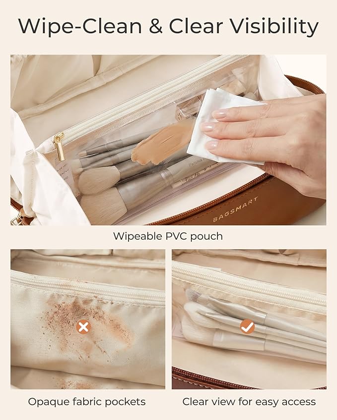 BAGSMART Makeup Bag Travel 3 Pcs Set Cosmetic Bag, Large Make Up Bag Flat Open Toiletry Bag for Women, PU Leather Travel Essentials Organizer Case, Wide-open Pouch for Skincare, Brushes, Cream Beige