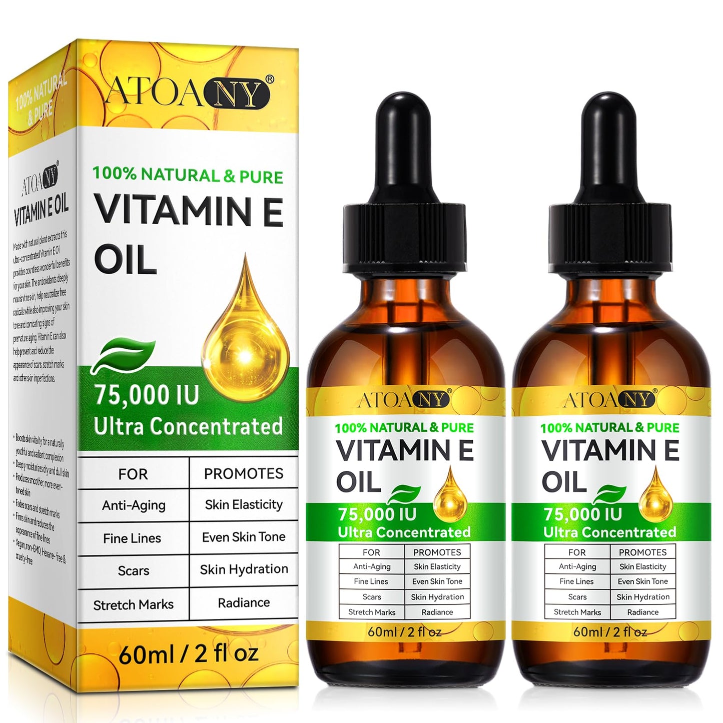 flasture Vitamin E Oil for Skin 75,000 IU â 2 Pack Vitamin E for Face, Hair, Scars, Nails, Ultra-Hydrating Body Oil for Dry Skin Wrinkles,Cold-Pressed, Non-GMO, Skincare Formula â2 Fl Oz
