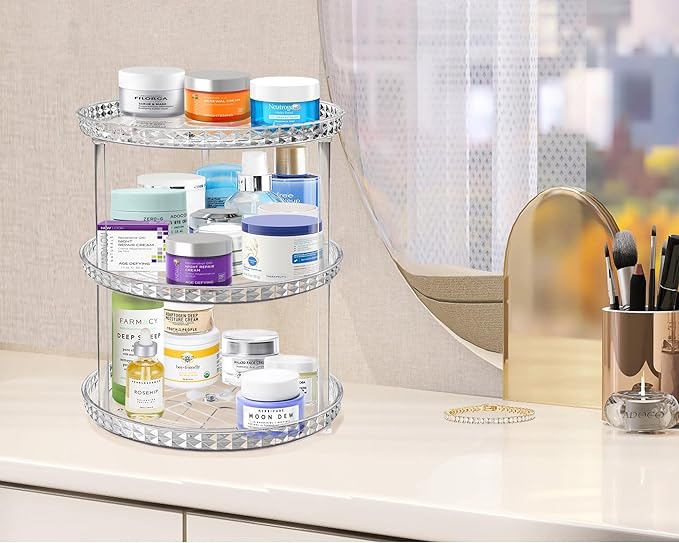 3 Tier Diamond Lazy Susan Bathroom Organizer Countertop, Clear 360 Rotating Cosmetic Makeup Organizer for Vanity, Skincare Organizers Perfume Organizer for Counter - Organization and Storage -9.25INCH