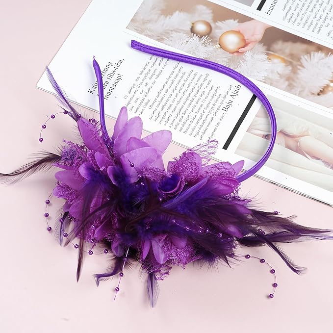 Womens Fascinators Hats Tea Party Hats for Women, Feather Pearl Veil Headband for Wedding Cocktail Dresses Accessories