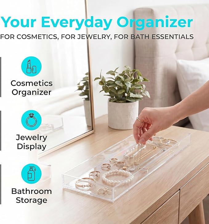 Peohud 3 Pack Acrylic Bathroom Trays, Clear Vanity Tray for Toilet Tank, Decorative Countertop Organizer for Perfume, Makeup, Cosmetics, Jewelry, Soap, Candle, Plant, 12 x 5.1 x 1.2 Inches