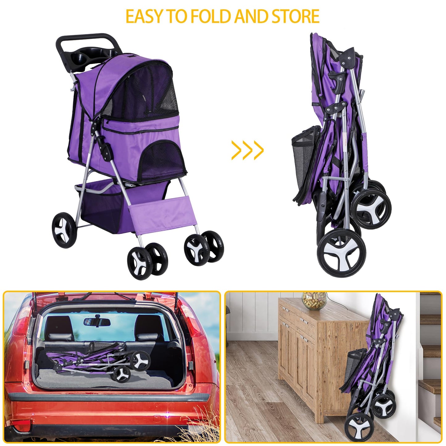 Epetlover 4 Wheels Dog Stroller Folding Pet Strolling Cart for Small Medium Cats Puppies Portable Jogger Travel Camping Puppy Carrier with Storage Basket Cup Holder, Purple