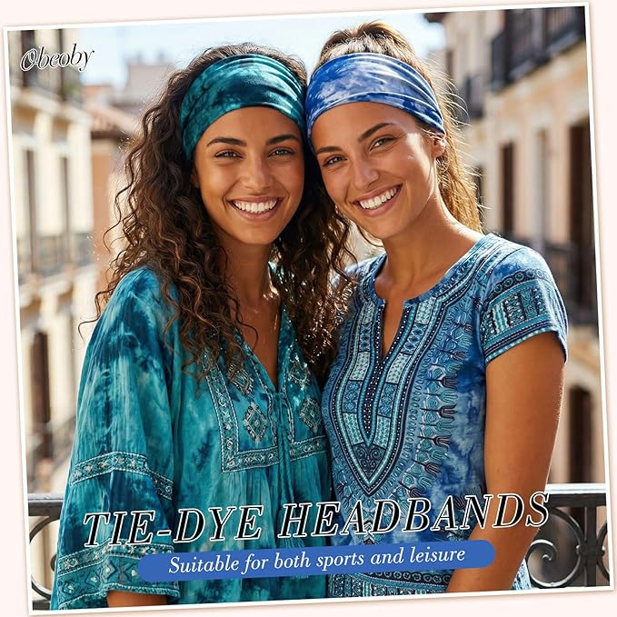 obeoby Tie Dye Headbands, 8Pcs Boho Hairbands Hippie Gifts for Women Fashion Workout Headbands for Yoga Work Athletes Running Enthusiasts