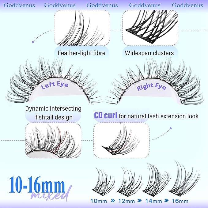 Goddvenus Wispy Lash Clusters 10-16mm Lashes Clusters Eyelash Extensions Natural Individual Lashes 144pcs D Curl Lash Extension DIY Soft Comfortable Eyelash Clusters with Cotton Band