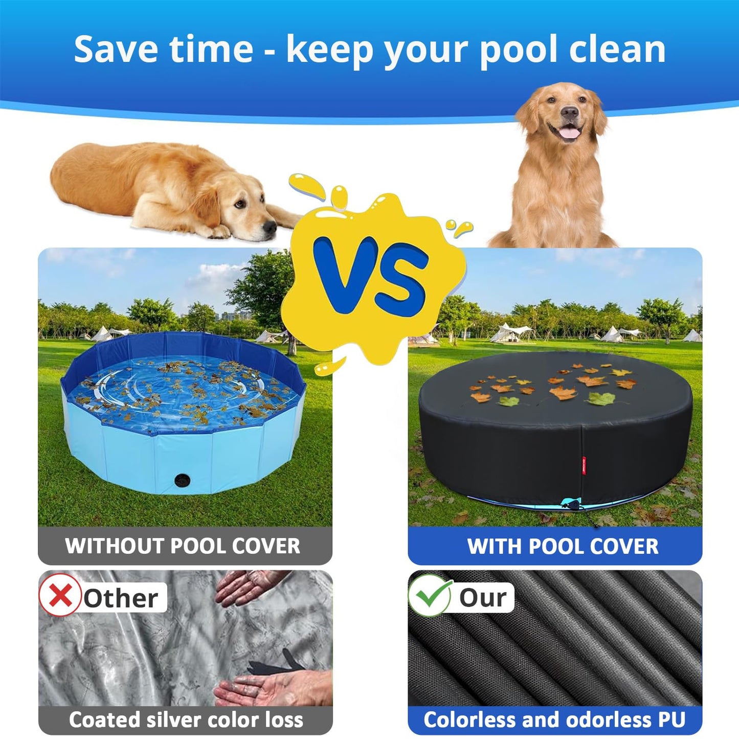 QH.HOME 71-72 inch Foldable Dog Pool Cover Round, Collapsible Pet Swimming Pool Cover for Large Dogs – Waterproof, Odorless Fabric, Ratchet Lock – Kiddie Pool Cover Only