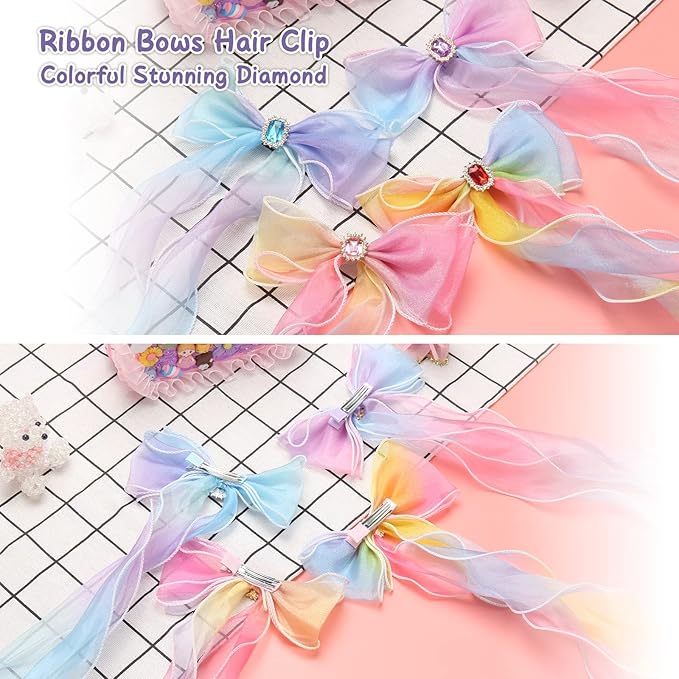 Little World Bow Hair Clips - Set of 4 Ribbon Hair Bows for Girl Women, 13 inch Colorful Ribbon Lace Clip for Hair Accessories