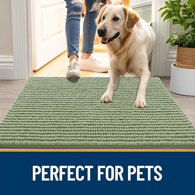 OLANLY Dog Door Mat for Muddy Paws 44x32, Ultra Absorbent Chenille Mud Doormat, Non-Slip Washable and Dirt Trapping Doormat for Indoor Entryway, Quick-Dry Indoor Pet Bed Mats for Dogs, Sage Green