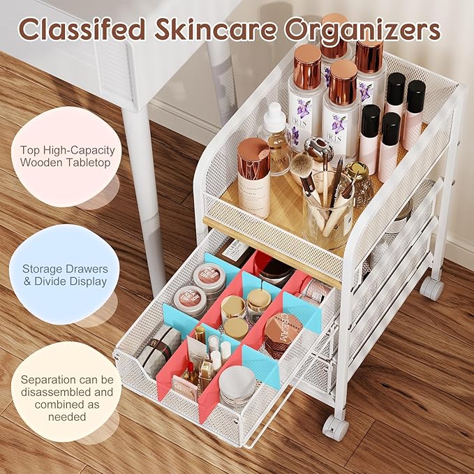 Hongtamoya Rolling Makeup Cart Organizer with 3 Drawers, Narrow Floor Skincare Organizers, Cosmetics Display Cases Vanity Organizer for Skin Care Nail Polish Perfume Makeup Brush, White