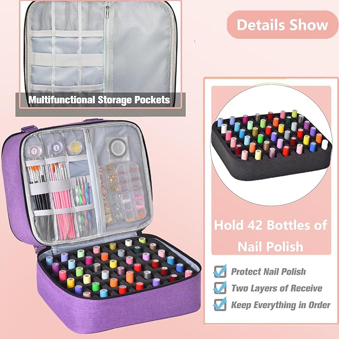 Nail Polish Organizer Case - Holds 42+ Bottles (15ml/0.5 fl.oz) and 1 Nail Lamp, Upgraded Double-layer Nail Polish Carrying Case Nail Polish Storage Bag with Handles (Purple)