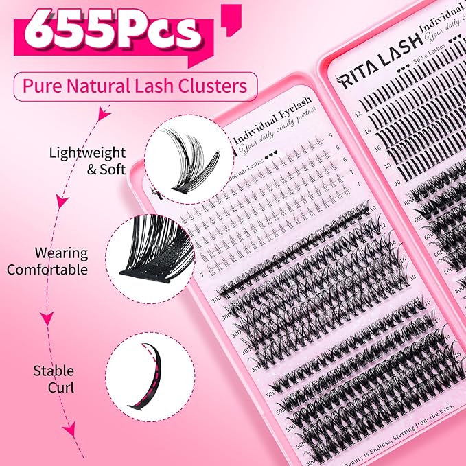 Lash Clusters Kit DIY Lash Extension Kit Cluster Lashes Kit+Bottom Lashes+Spikes Eyelash Extensions with Lash Bond and Seal,Lash Remover,Tweezers RITALASH(30D 50D 60D 80D+Bottom Lashes+Spike Lash Kit)