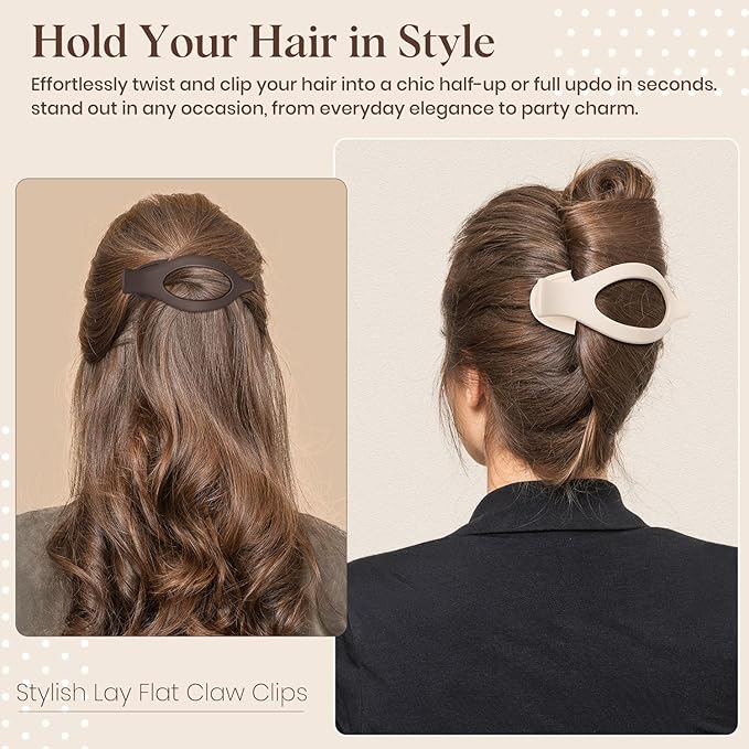 4 PCS Large Flat Hair Clips for Women Girls, French Concord Lay Down Flat Claw Clips for Thick Thin Hair, Comfortable Curved Flat Hair Clip, Matte Non-slip Strong Hold Hair Accessories, Brown
